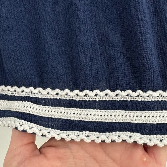 HANNAH Women’s Dark Blue with White Embroidery & Tassle Tie Top Size Medium - Picture 7 of 11